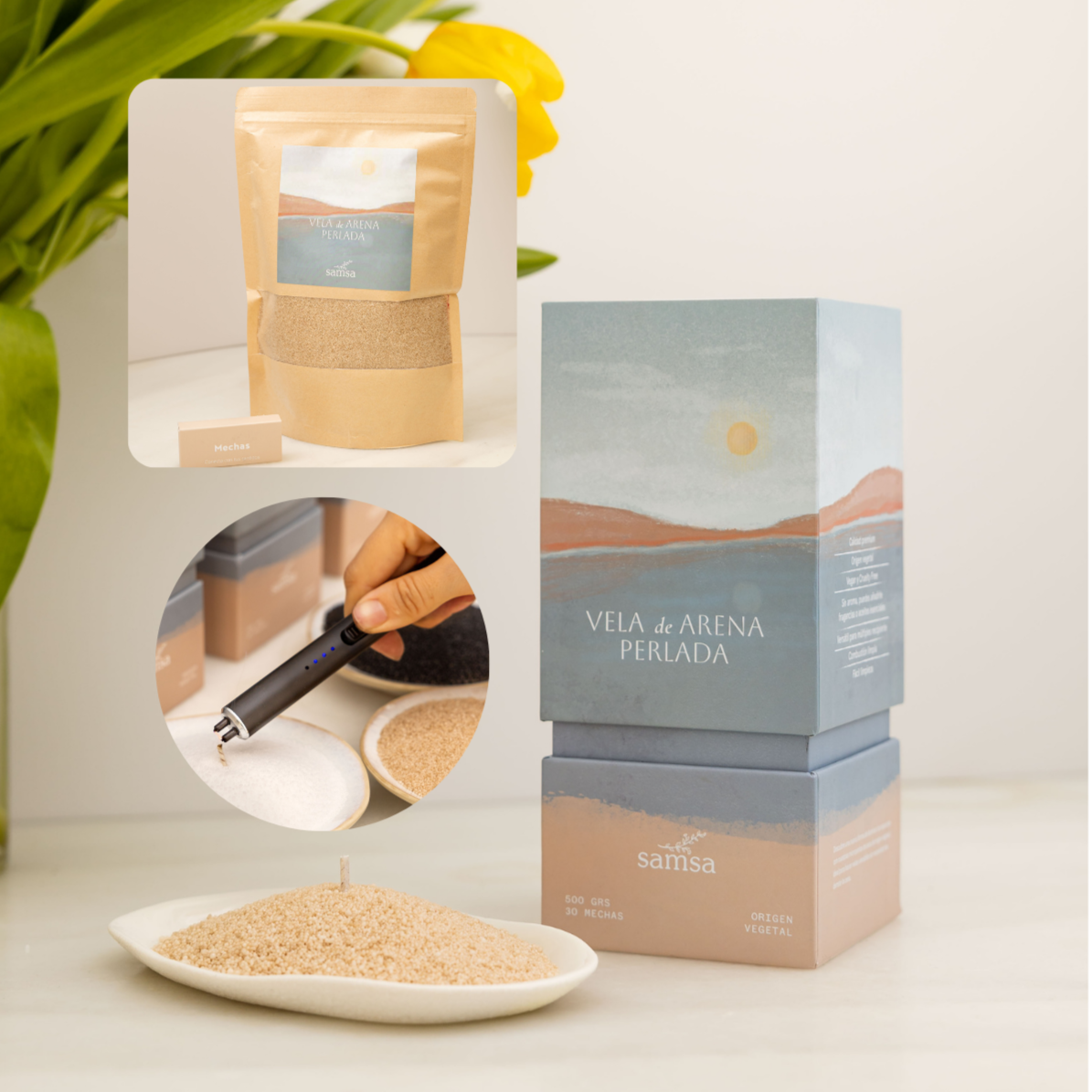 Combo Caja Premium Vela de Arena + Recarga - Color ARENA - Con encendedor de regalo!