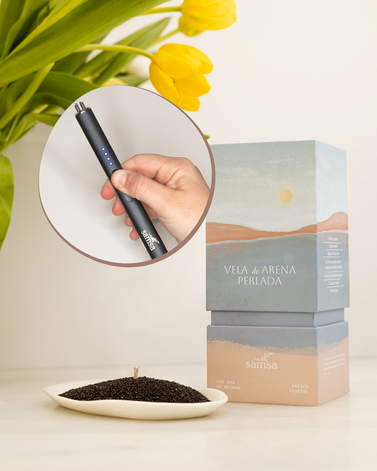 Caja Premium Vela de Arena Perlada x 500gr Negra + Encendedor 50%OFF