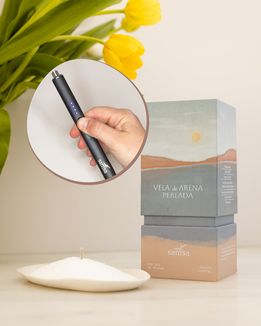 Caja Premium Vela de Arena Perlada x 500gr Blanca + Encendedor 50%OFF